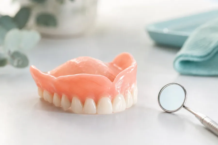 Custom-made dentures resting beside a dental mirror at Gentle Dental Care