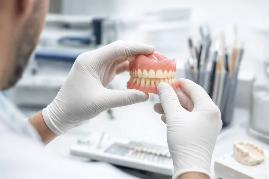 Dental Professional Crafting A Custom Full Denture Set In The Dental Lab
