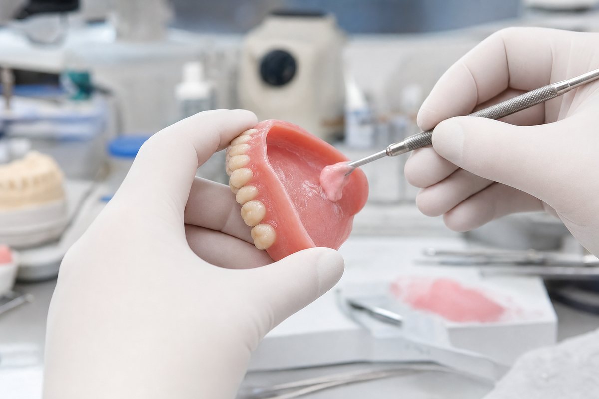 Dentist Relining The Inner Surface Of A Denture For A Better Fit