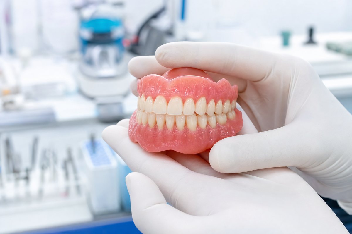 Complete Set Of Natural-Looking Full Dentures Crafted At The Dental Lab