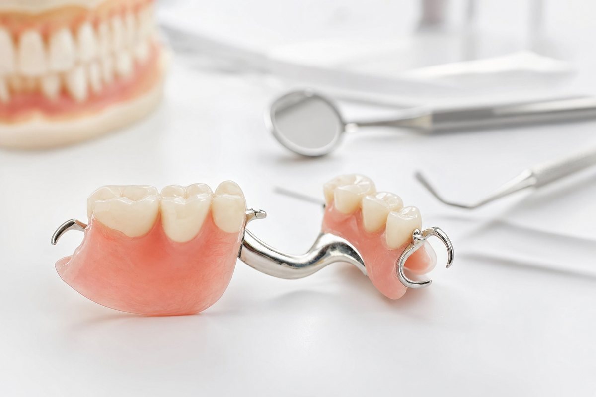 Partial Denture With Metal Clasps On A Clean Clinical Surface