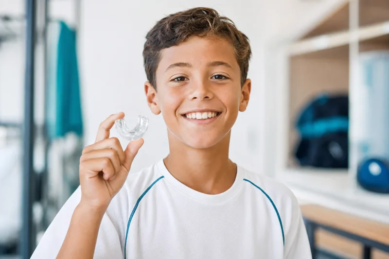 Young athlete holding a clear sports mouth guard