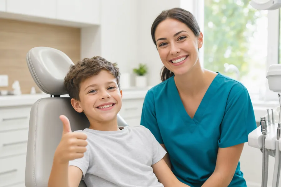Happy young boy giving a thumbs up beside a friendly pediatric dental hygienist