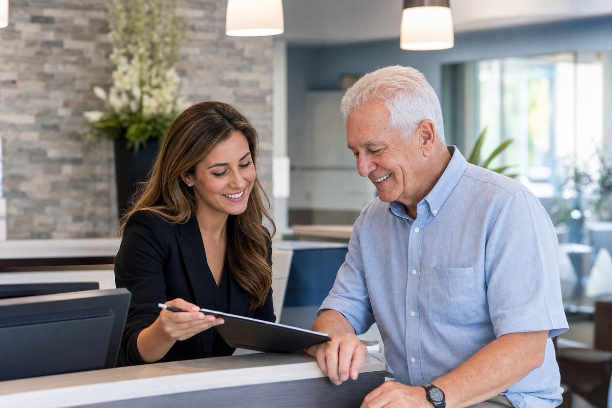 Patient consulting with a Katy TX dentist about same-day denture candidacy and financing