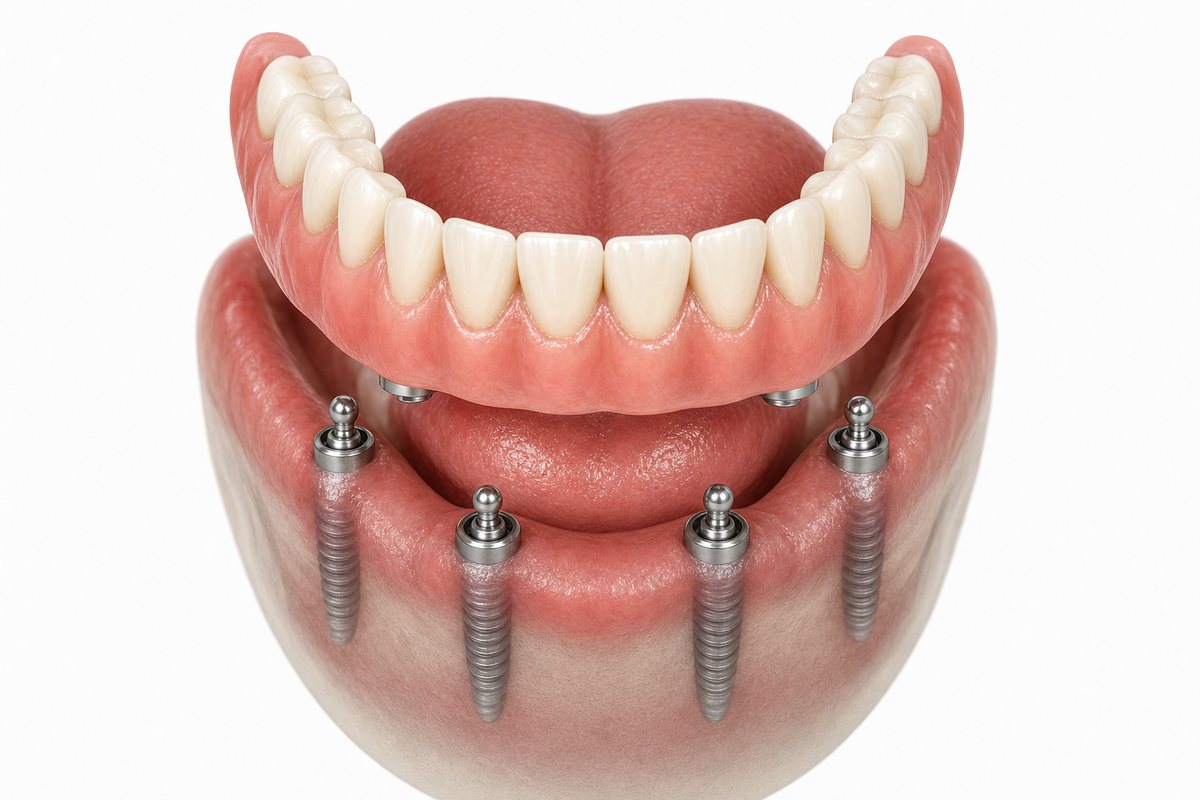 Implant-supported snap-in denture secured by titanium implants in the lower jaw